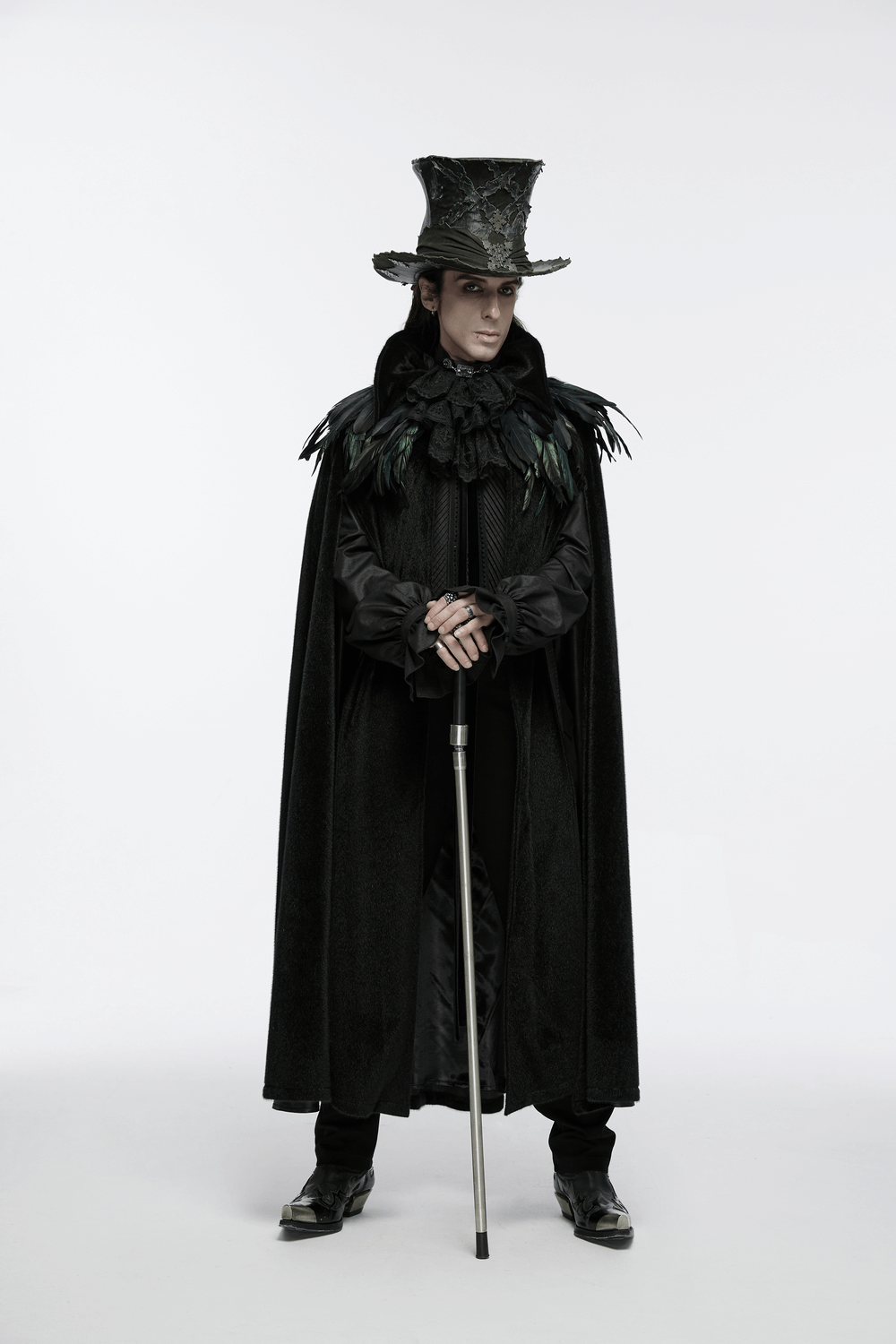 Elegant man wearing a gothic vampire cape and 3D bat collar, complete with a top hat and cane, ideal for dark-themed costumes.