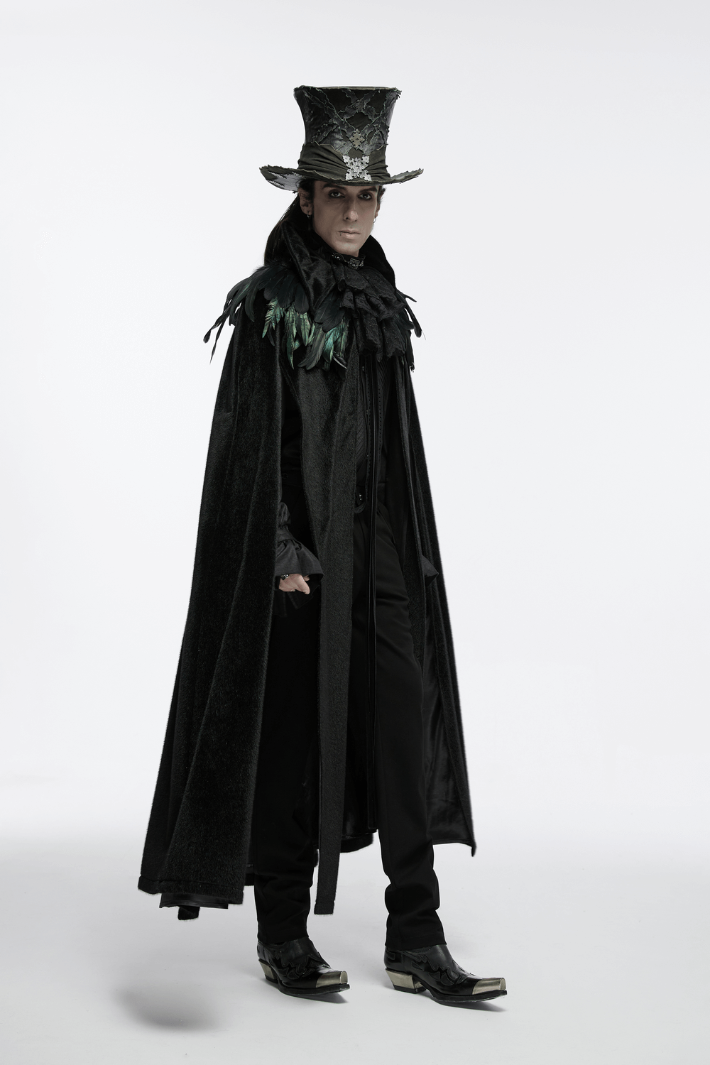 Elegant Gothic black vampire cape with 3D bat collar, worn by a man in a striking top hat and stylish shoes.