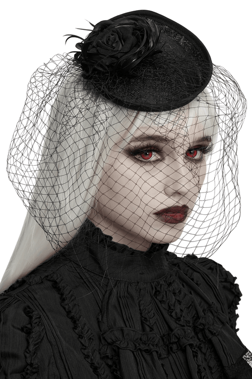 Gothic Black Veil Fascinator with Feather Trim