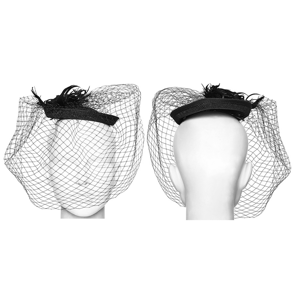 Gotischer schwarzer Schleier-Fascinator mit Federbesatz