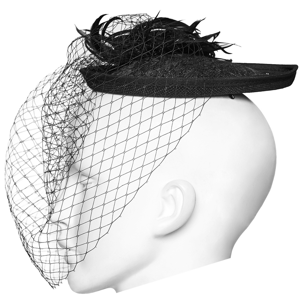 Gotischer schwarzer Schleier-Fascinator mit Federbesatz