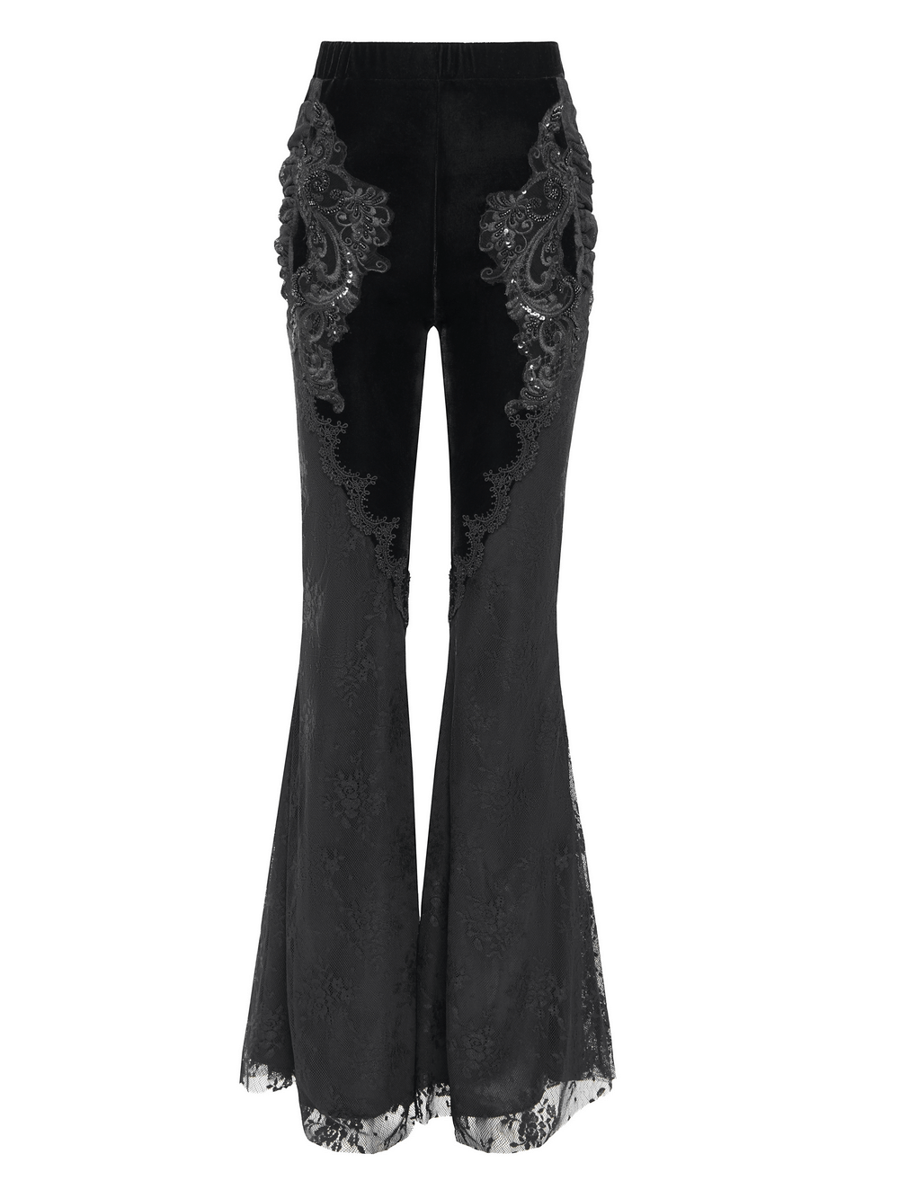 Gothic black velvet and lace flared pants with baroque embroidery and sheer lace hemline for a dark aesthetic.