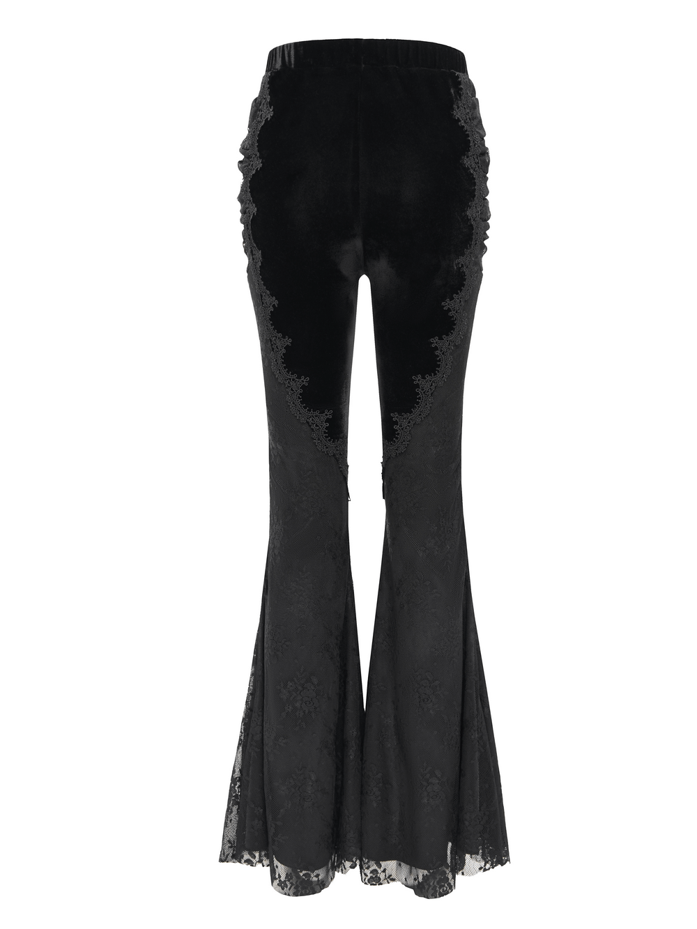 Gothic black velvet and lace flared pants with baroque lace detail and a dramatic bell-bottom silhouette.