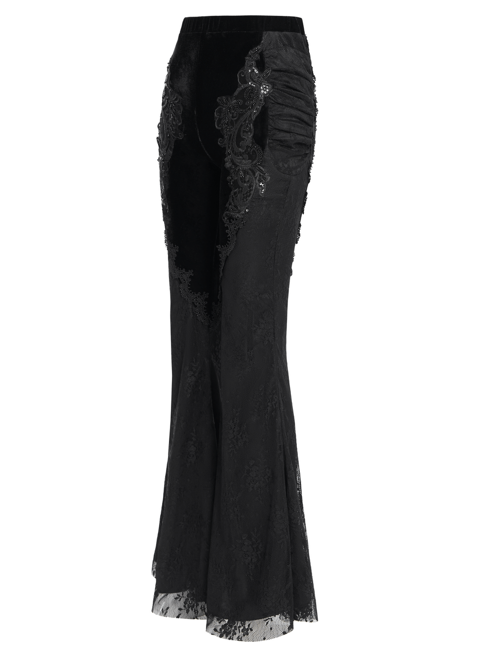 Gothic black velvet and lace flared pants with baroque embroidery and sheer hemline.