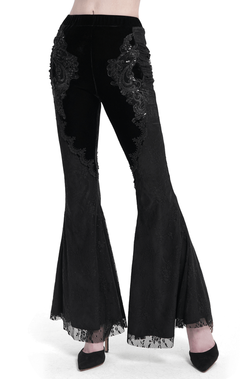 Gothic-Schwarze Samt- und Spitzen-Schlaghosen mit Stickerei