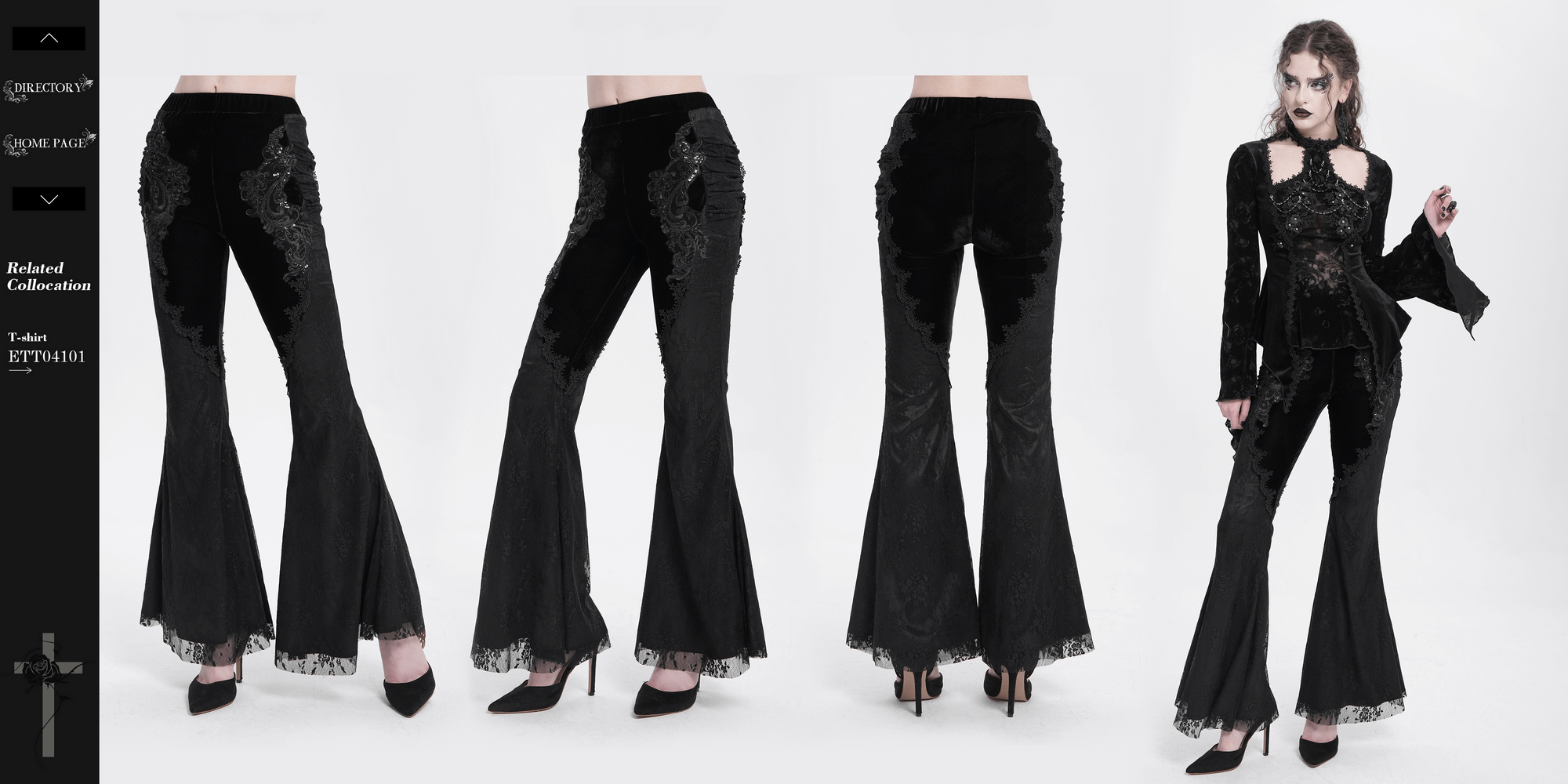 Gothic black velvet flared pants with lace and embroidery, showcasing Victorian bell-bottom style and intricate details.