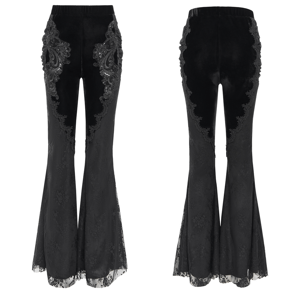 Gothic black velvet and lace flared pants with embroidered floral motifs and Victorian bell-bottom silhouette.