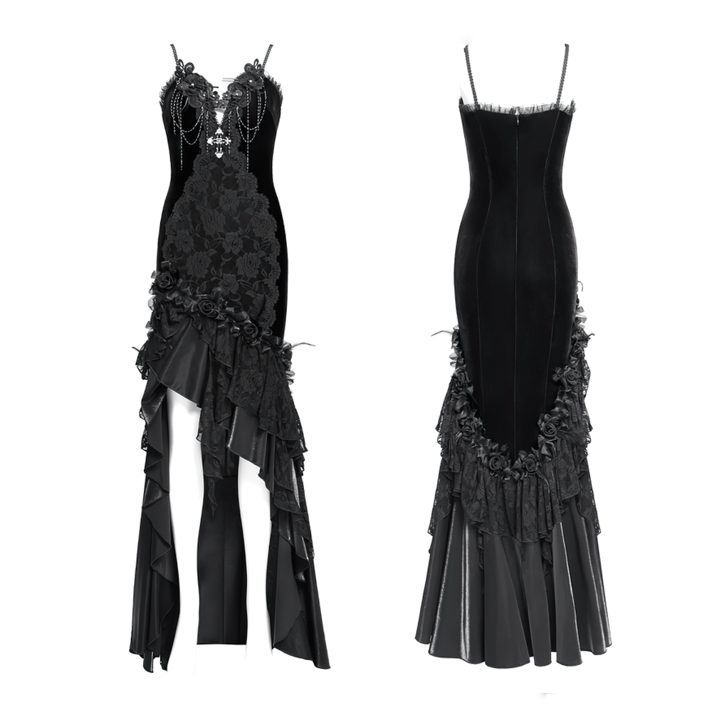 Gothic black velvet and lace high-low evening dress with rose trim and ruffled hem, elegant spaghetti straps.