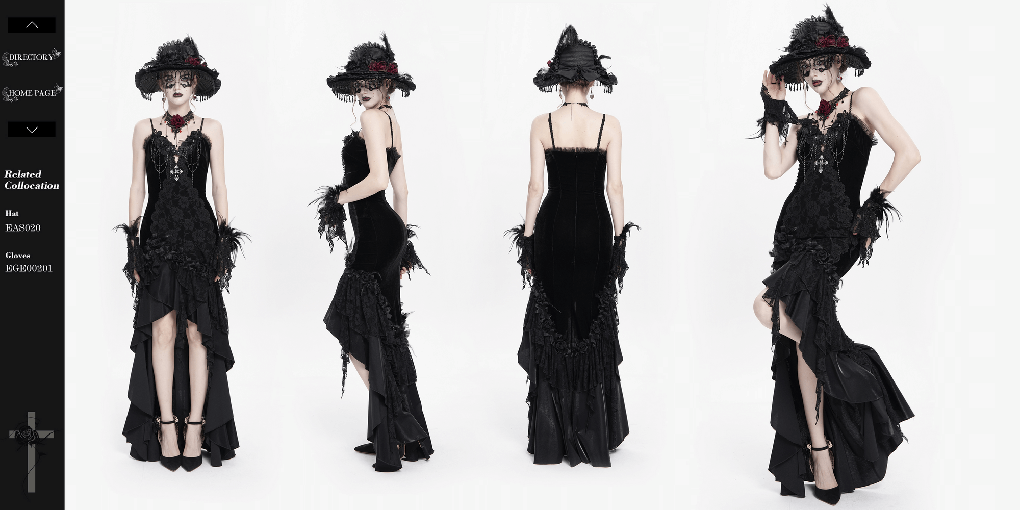 Gothic black velvet and lace high-low evening dress with rose trim, showcasing dramatic silhouette and ruffled hem.