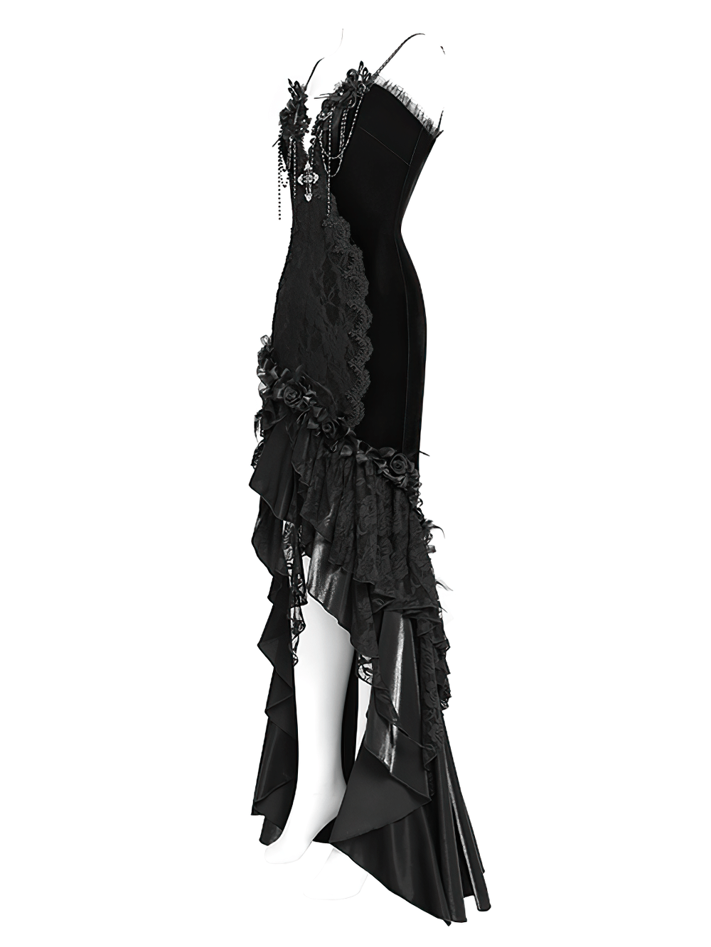 Gothic black velvet and lace high-low evening dress with floral lace overlay and satin rose trim.