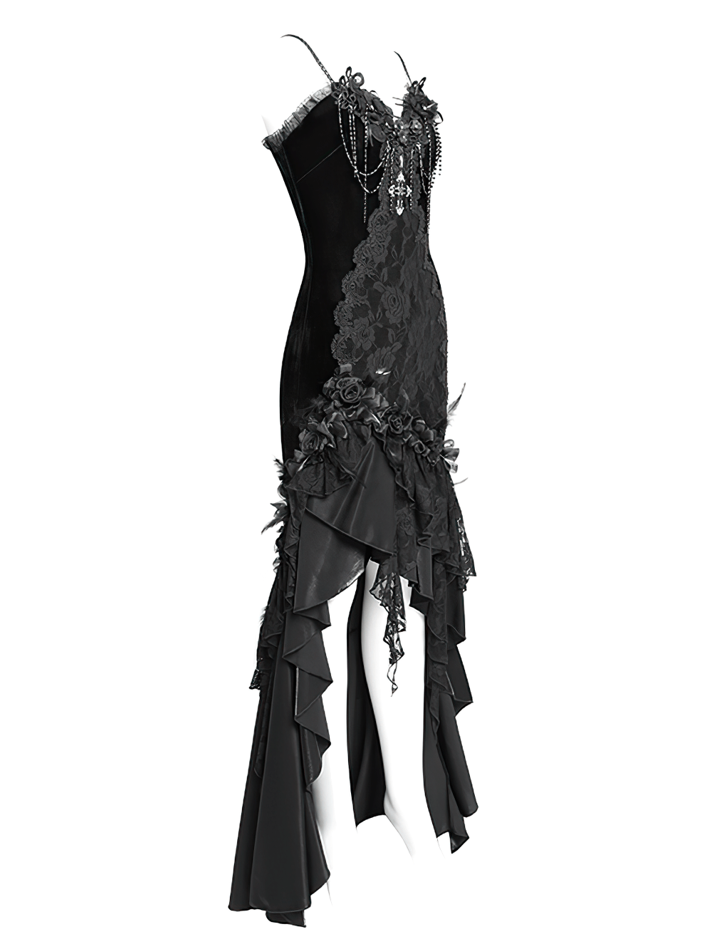 Gothic black velvet and lace high-low evening dress with rose trim and cascading ruffles, perfect for dark elegance.