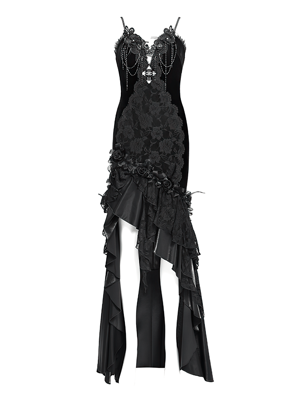 Gothic black velvet and lace high-low evening dress with rose trim and layered ruffles.