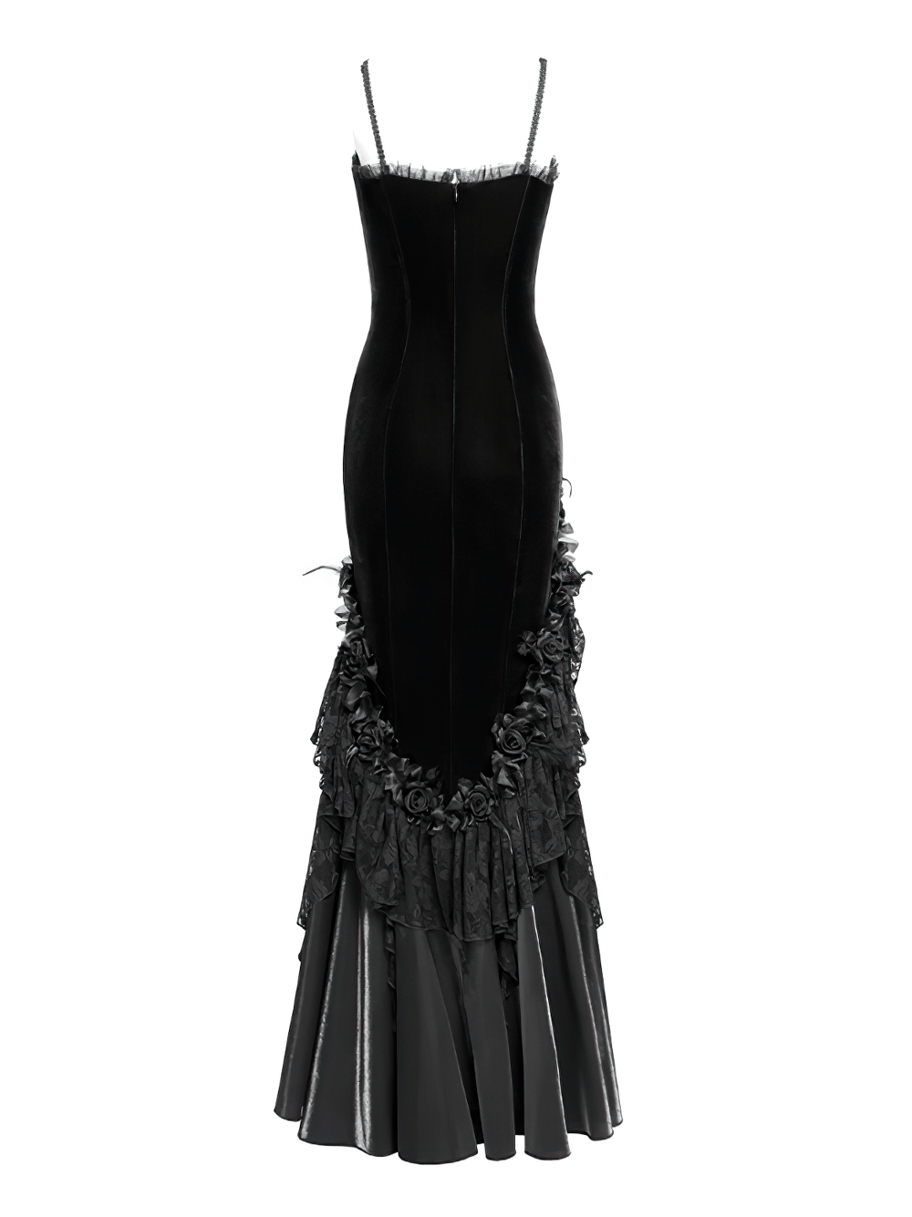 Gothic black velvet and lace high-low evening dress with spaghetti straps and ruffled hem.