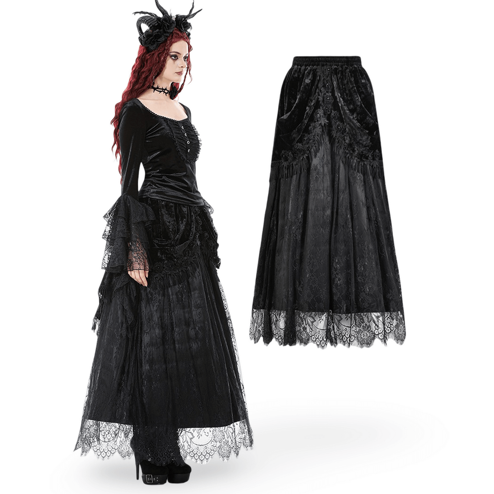 Gothic Black Velvet and Lace Maxi Skirt with Floral Trim worn by a model, featuring lace panels and floral appliqués.
