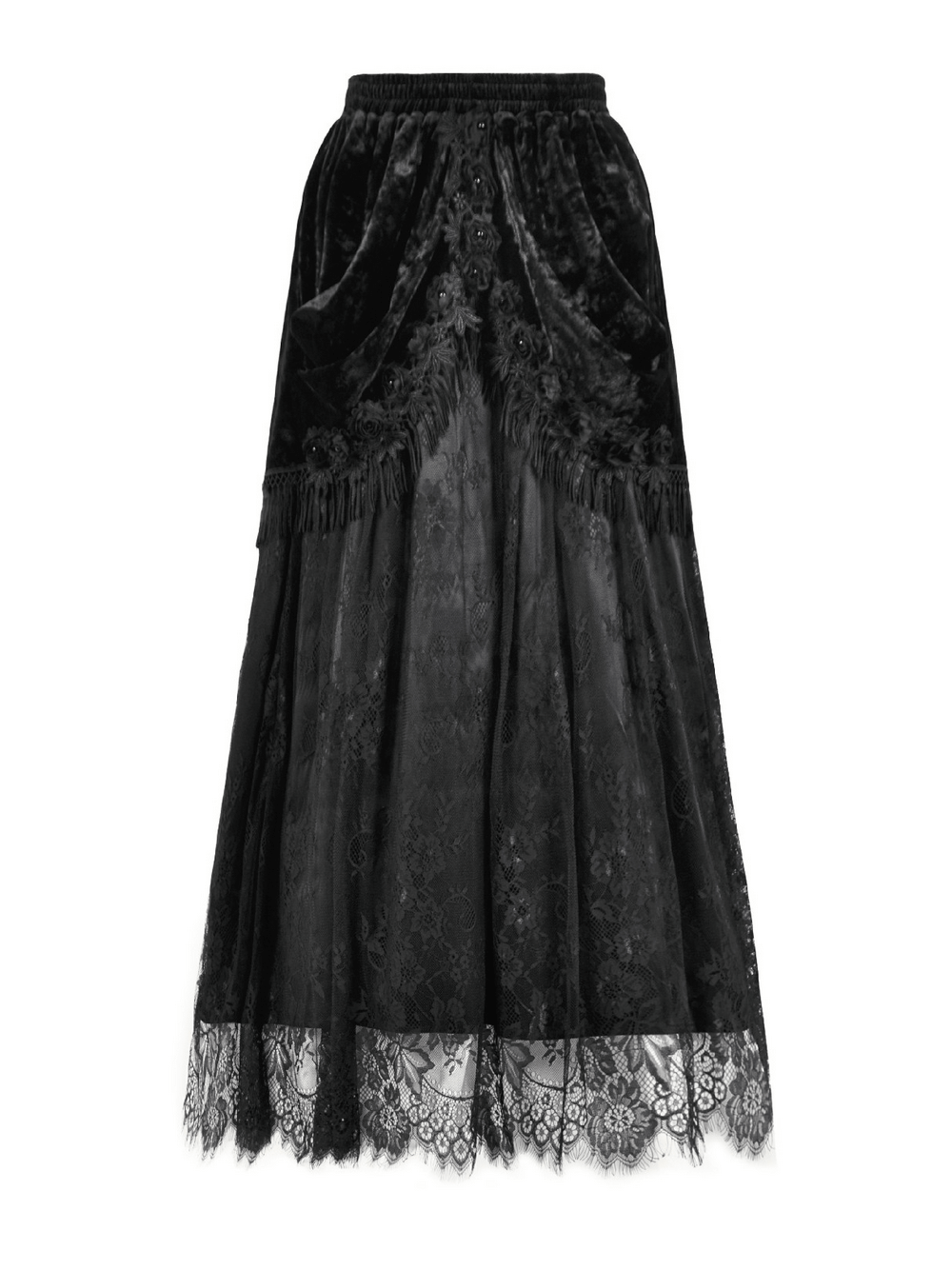 Gothic Black Velvet and Lace Maxi Skirt with Floral Trim featuring elegant lace panels and floral detailing.