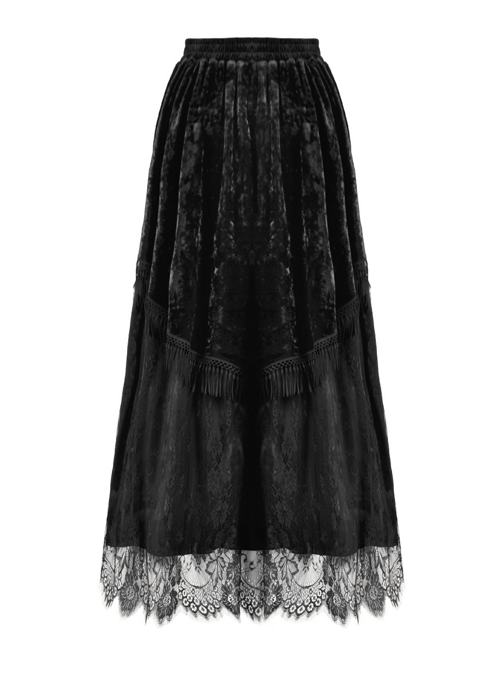 Gothic Black Velvet and Lace Maxi Skirt with Floral Trim featuring elegant lace and plush velvet design.