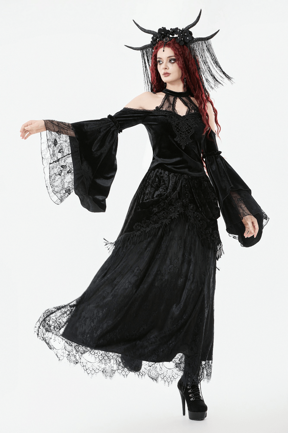 Gothic Black Velvet and Lace Maxi Skirt with Floral Trim worn by model in dramatic gothic attire.