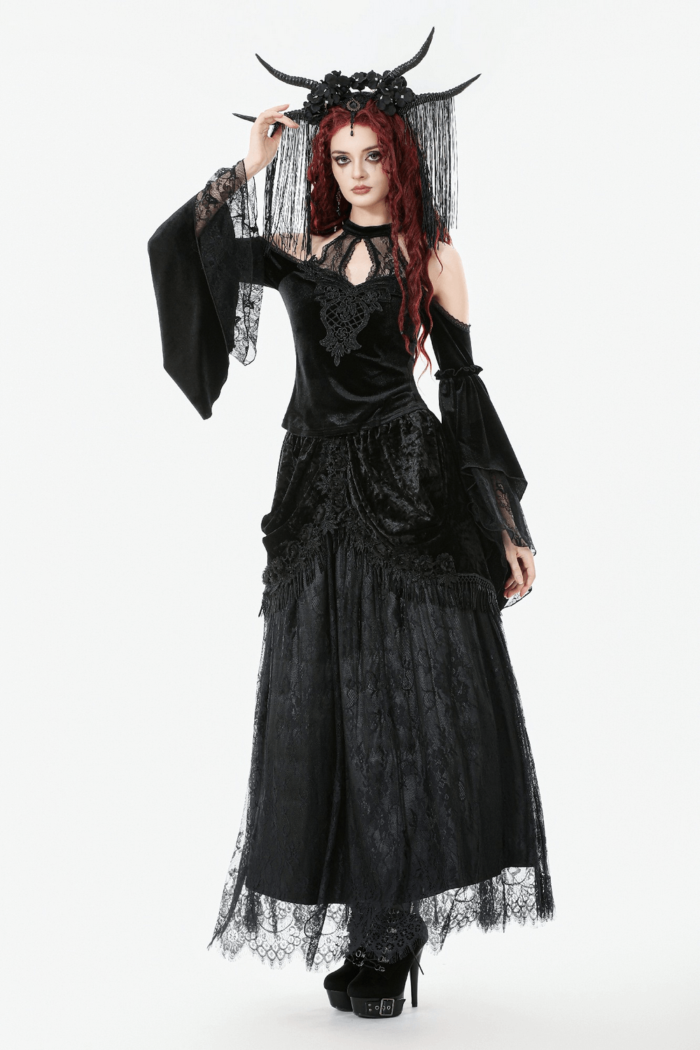Gothic Black Velvet and Lace Maxi Skirt with Floral Trim worn by a model with a dramatic gothic style.