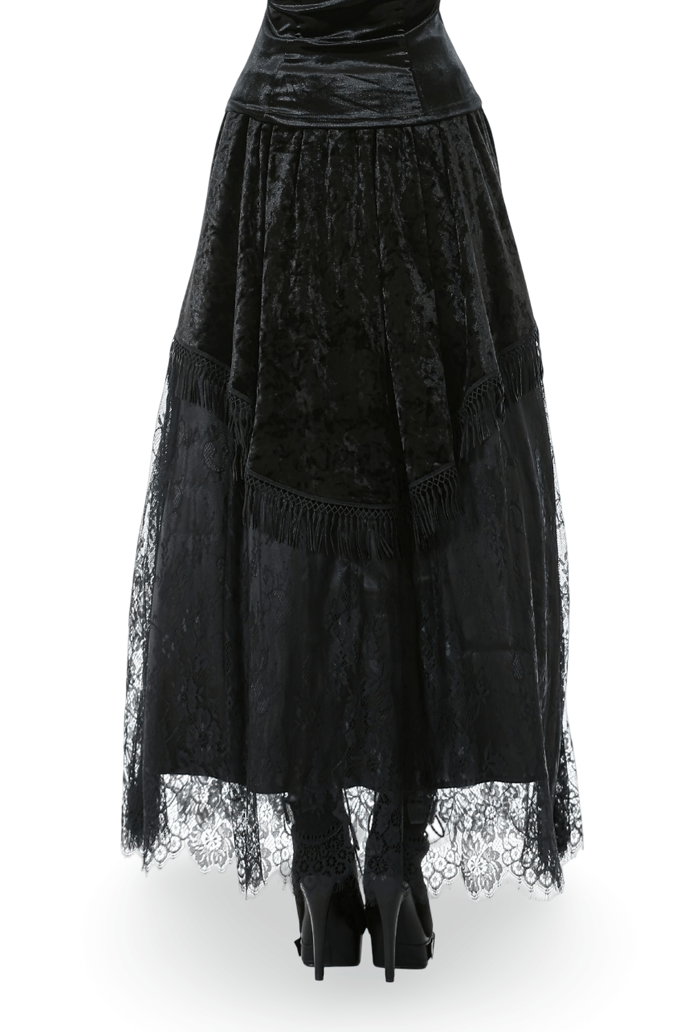 Gothic Black Velvet and Lace Maxi Skirt with Floral Trim showcases luxurious velvet and lace in a flowing design.