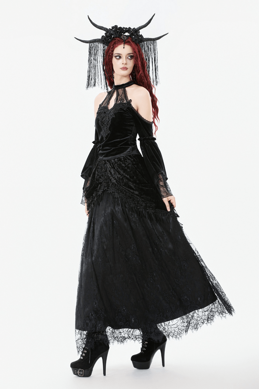 Gothic Black Velvet and Lace Maxi Skirt with Floral Trim worn by model with dramatic accessories.
