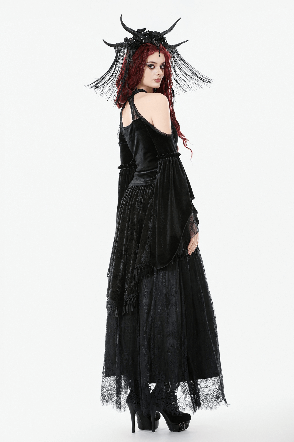 Gothic Black Velvet and Lace Maxi Skirt with Floral Trim shown on a model with flowing hair and dramatic accessories.