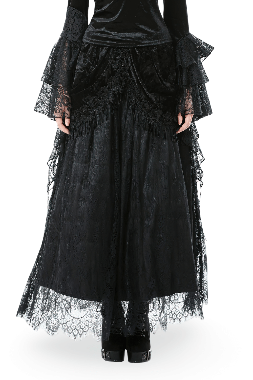 Gothic Black Velvet and Lace Maxi Skirt with Floral Trim showcasing elegant layers and floral appliqués.