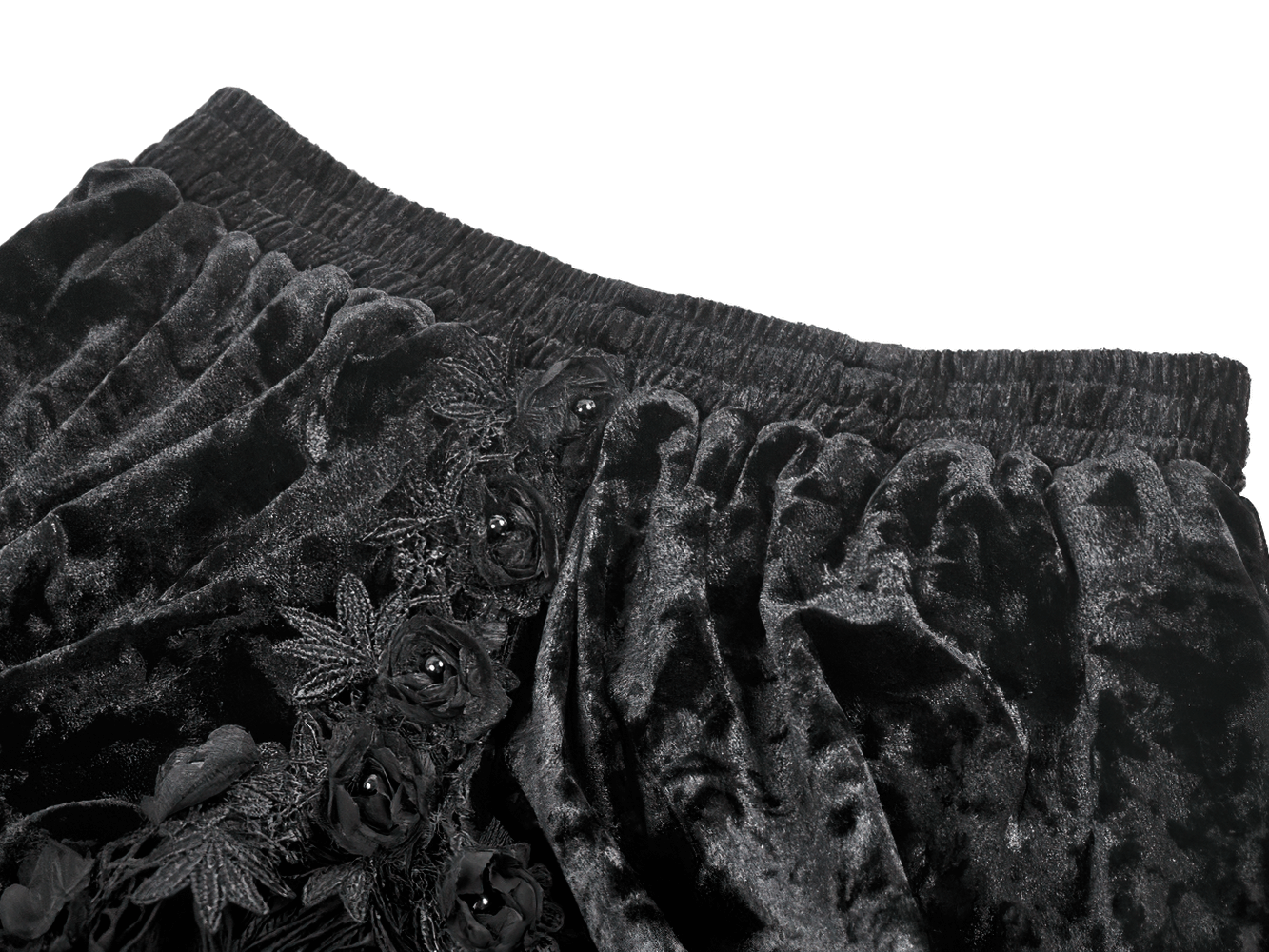 Gothic Black Velvet and Lace Maxi Skirt with Floral Trim close-up showing plush velvet and intricate floral details.