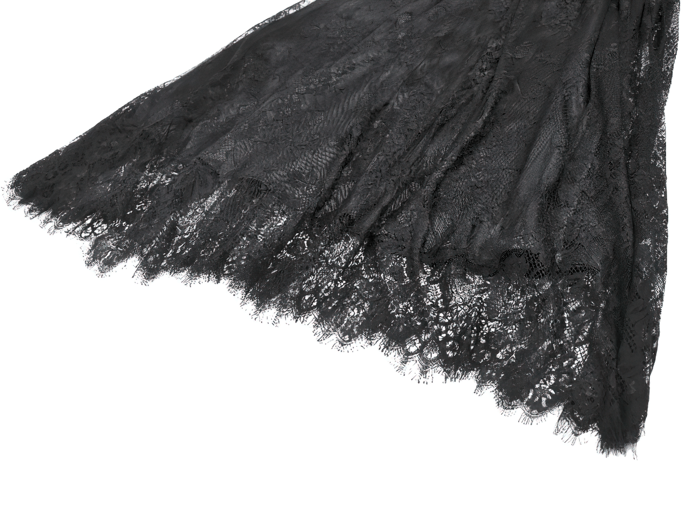 Gothic Black Velvet and Lace Maxi Skirt with Floral Trim showcasing intricate lace detail and flowing silhouette.