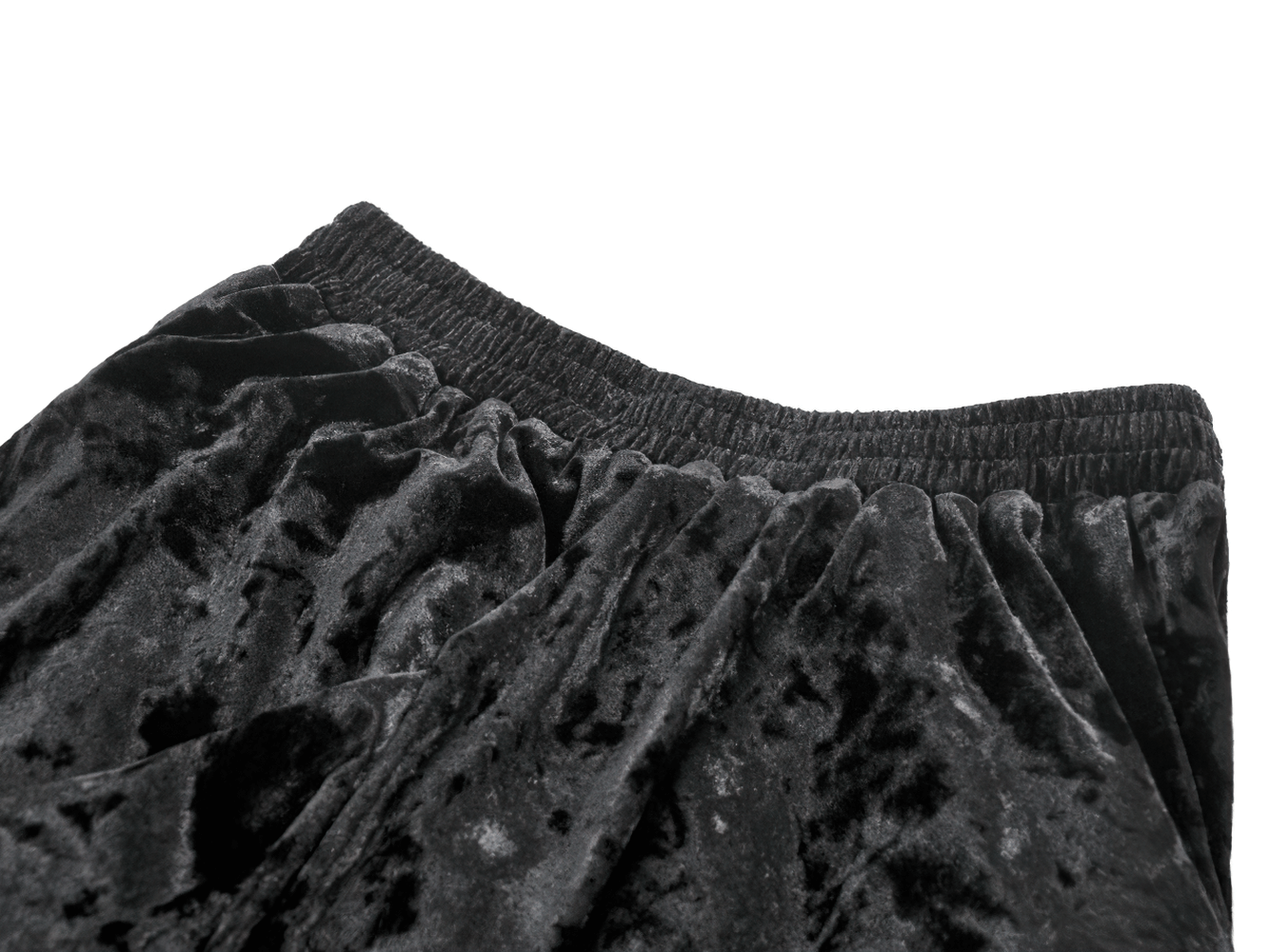 Gothic Black Velvet and Lace Maxi Skirt with Floral Trim - Close up of the plush velvet fabric and elastic waistband.