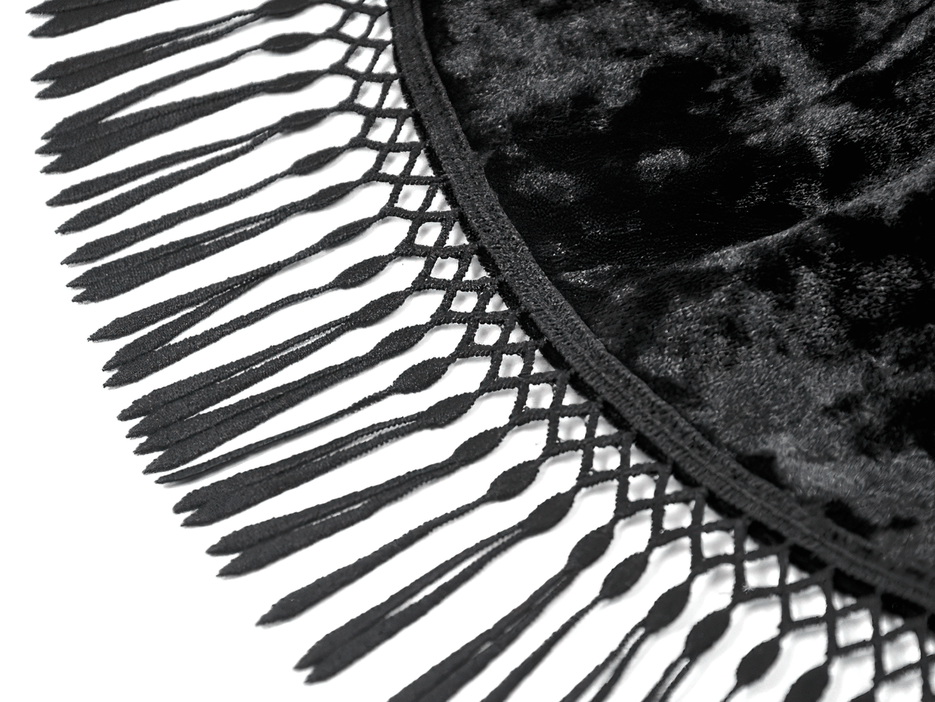 Gothic Black Velvet and Lace Maxi Skirt with Floral Trim close-up of fringe detail