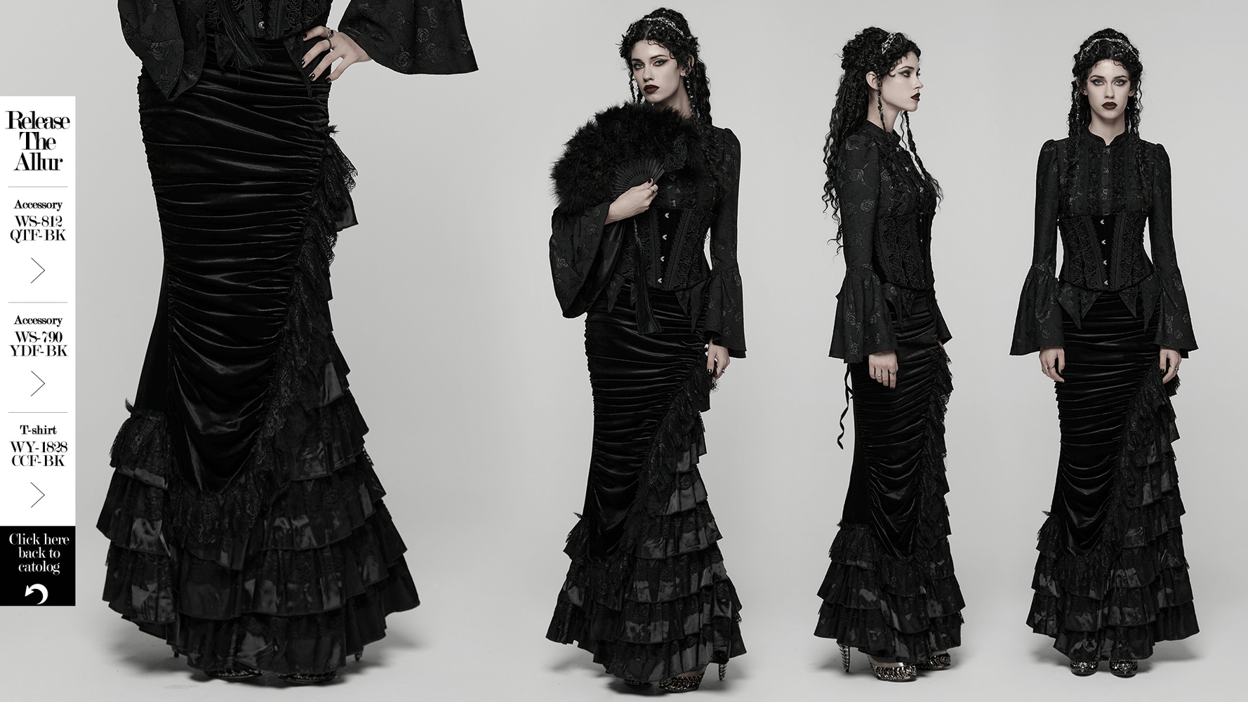 Gothic Black Velvet and Lace Tiered Ruffle Skirt showcasing elegant lace layers and dramatic tiered design.