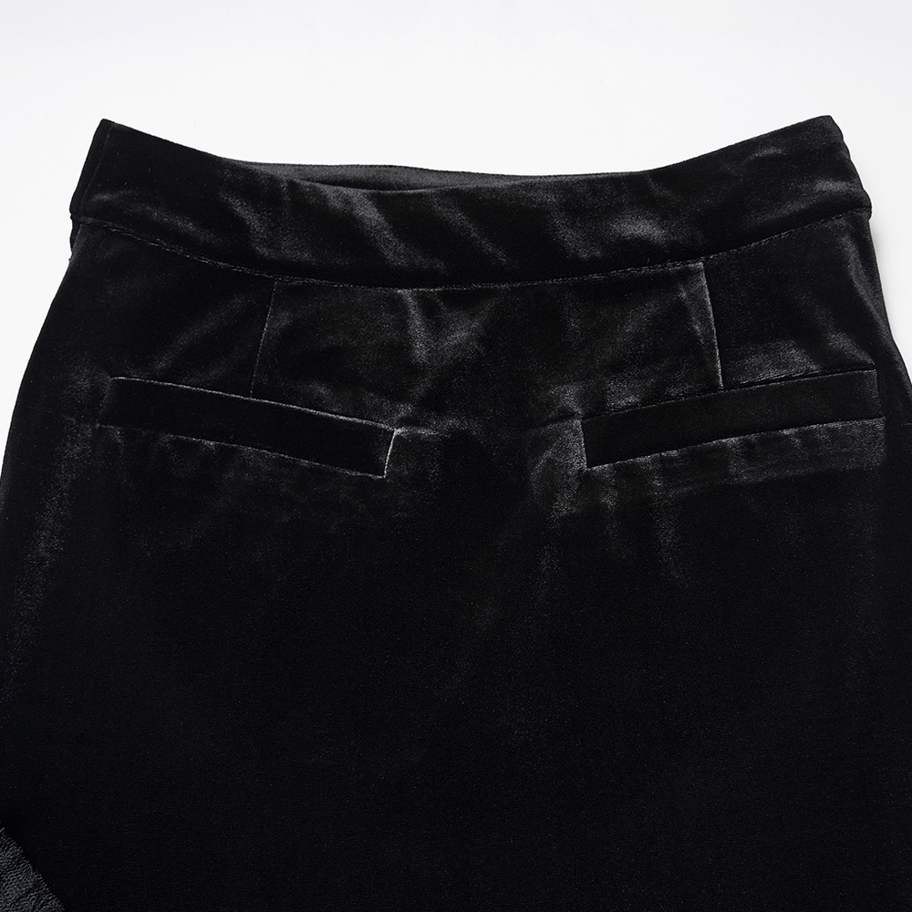 Gothic Black Velvet and Lace Tiered Ruffle Skirt back view showcasing sleek black velvet fabric and pocket details.