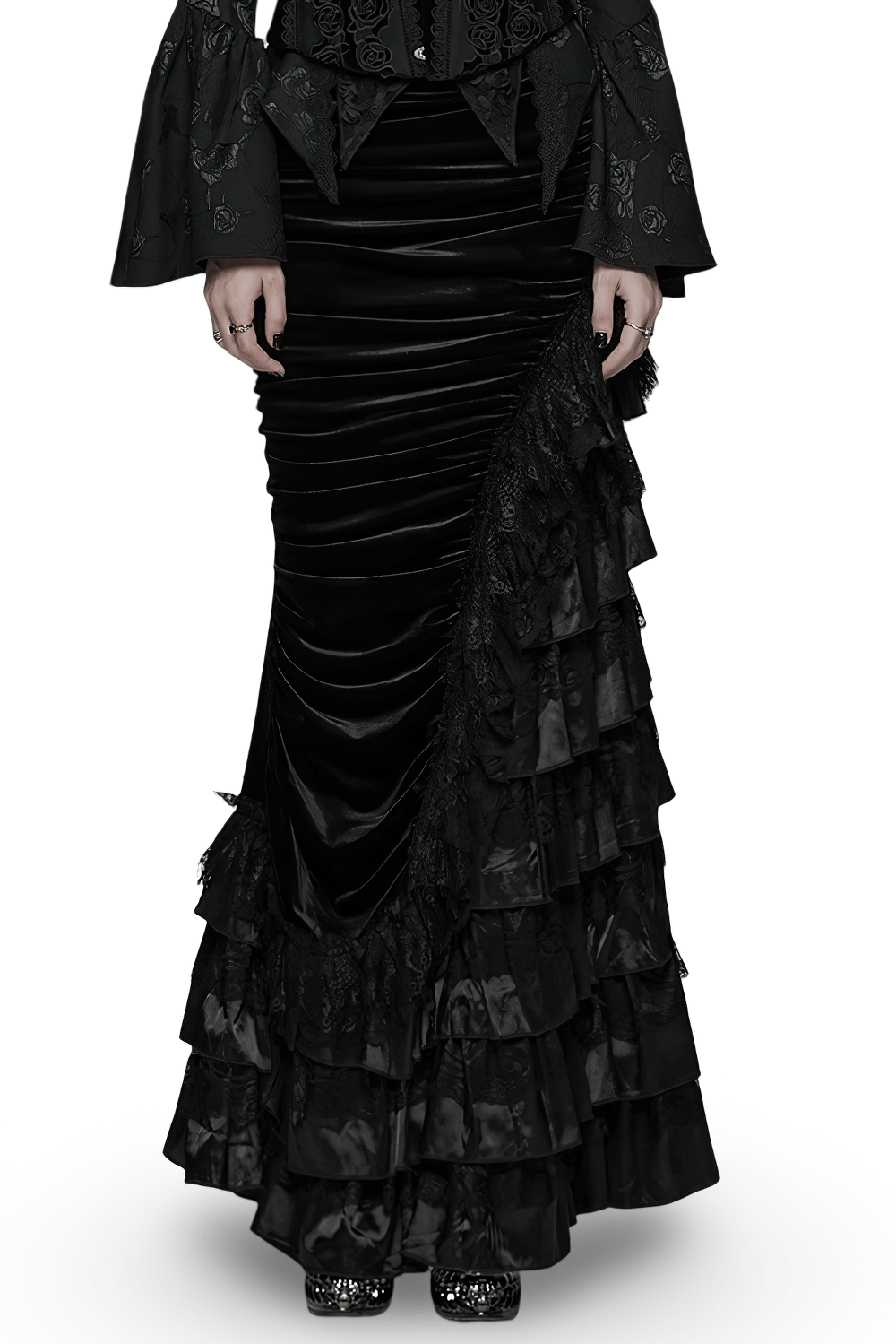 Gothic Black Velvet and Lace Tiered Ruffle Skirt featuring dramatic layered ruffles and velvet texture.