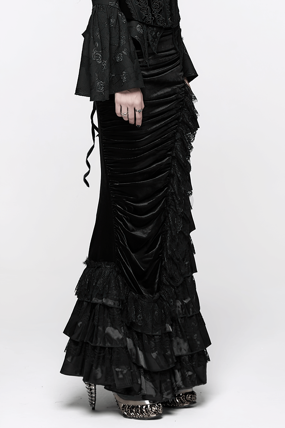 Gothic Black Velvet and Lace Tiered Ruffle Skirt featuring dramatic ruffles and intricate lace detailing for dark elegance.