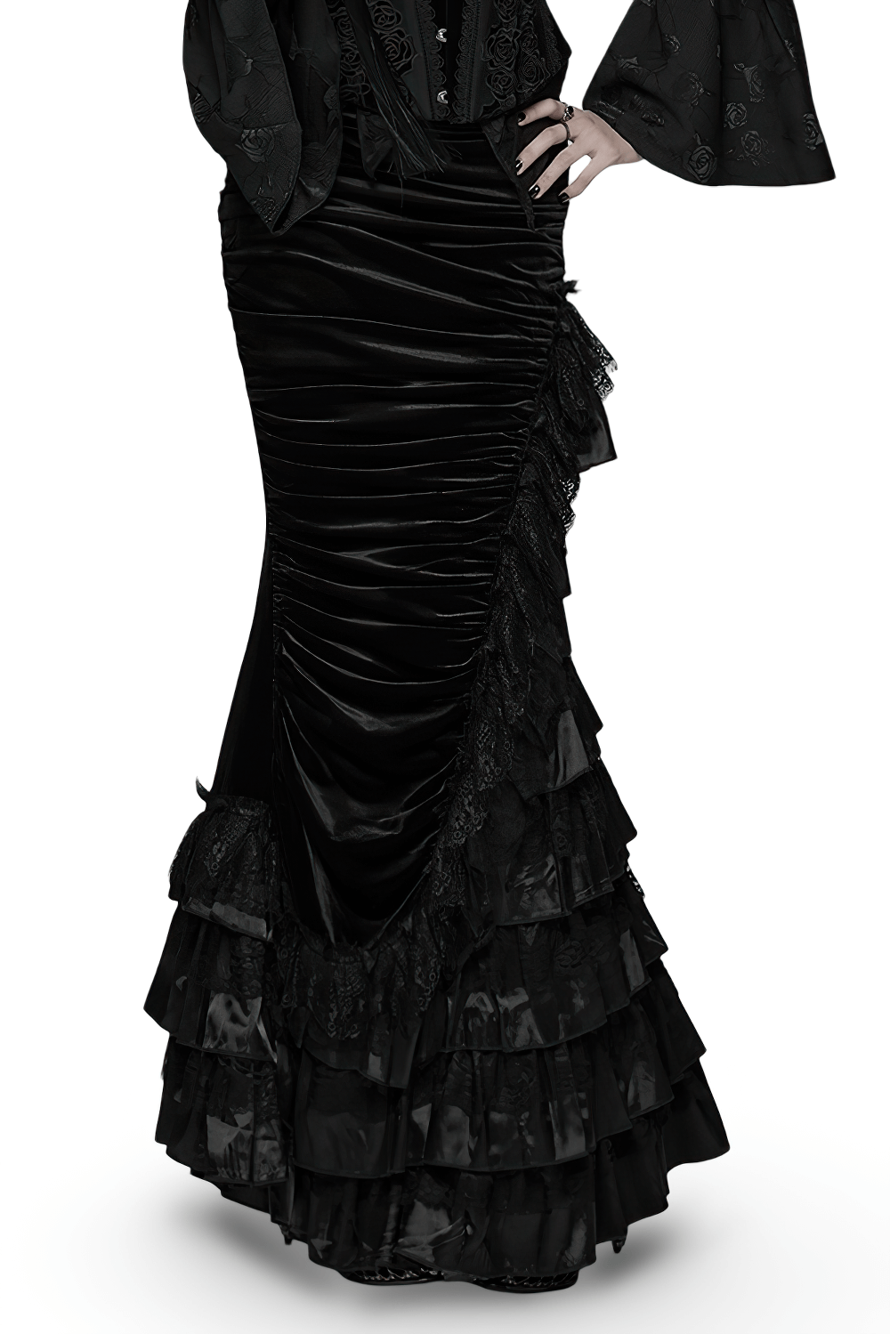 Gothic Black Velvet and Lace Tiered Ruffle Skirt showcasing ruffled hem and luxurious design.