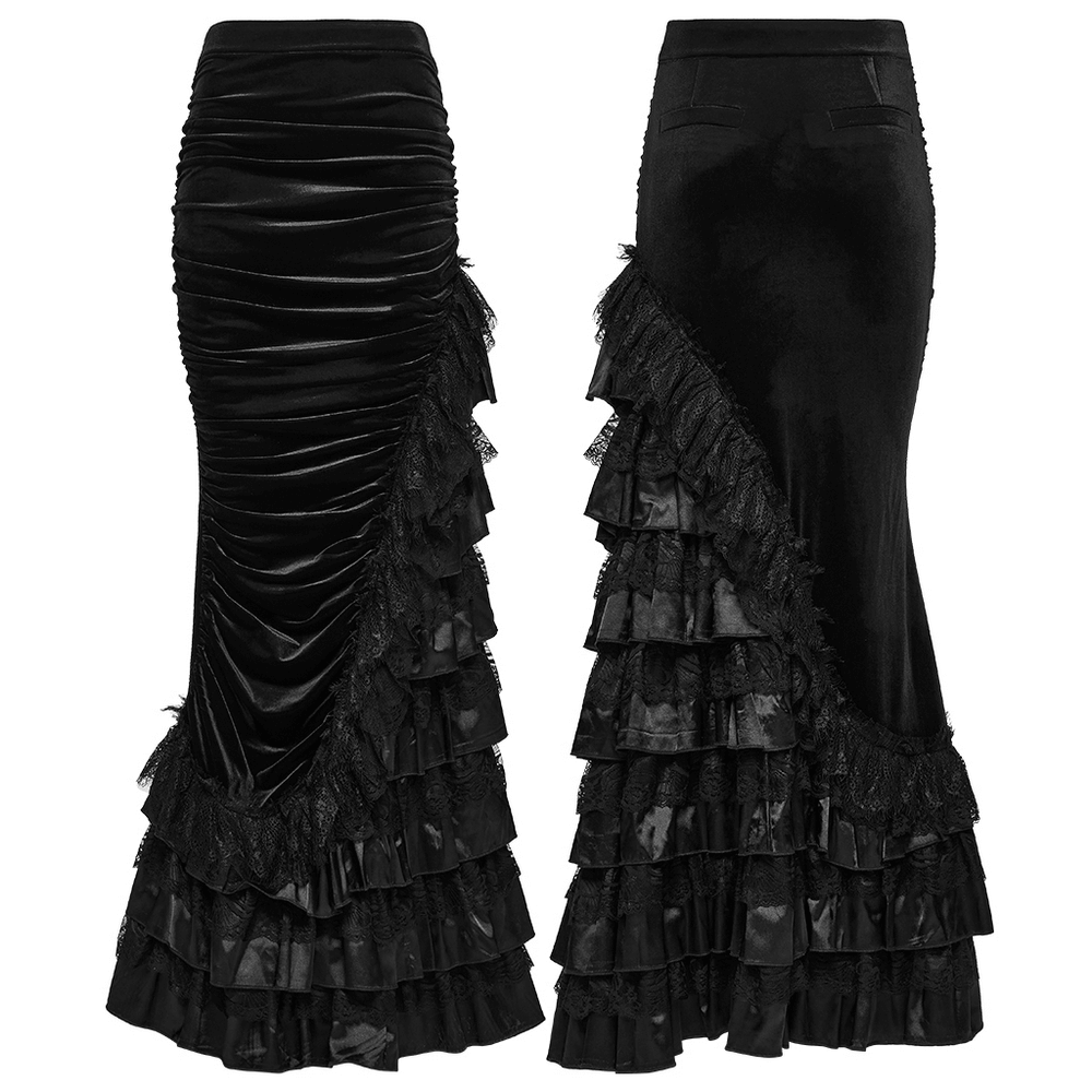 Gothic Black Velvet and Lace Tiered Ruffle Skirt showcasing dramatic lace ruffles and luxurious velvet fabric.