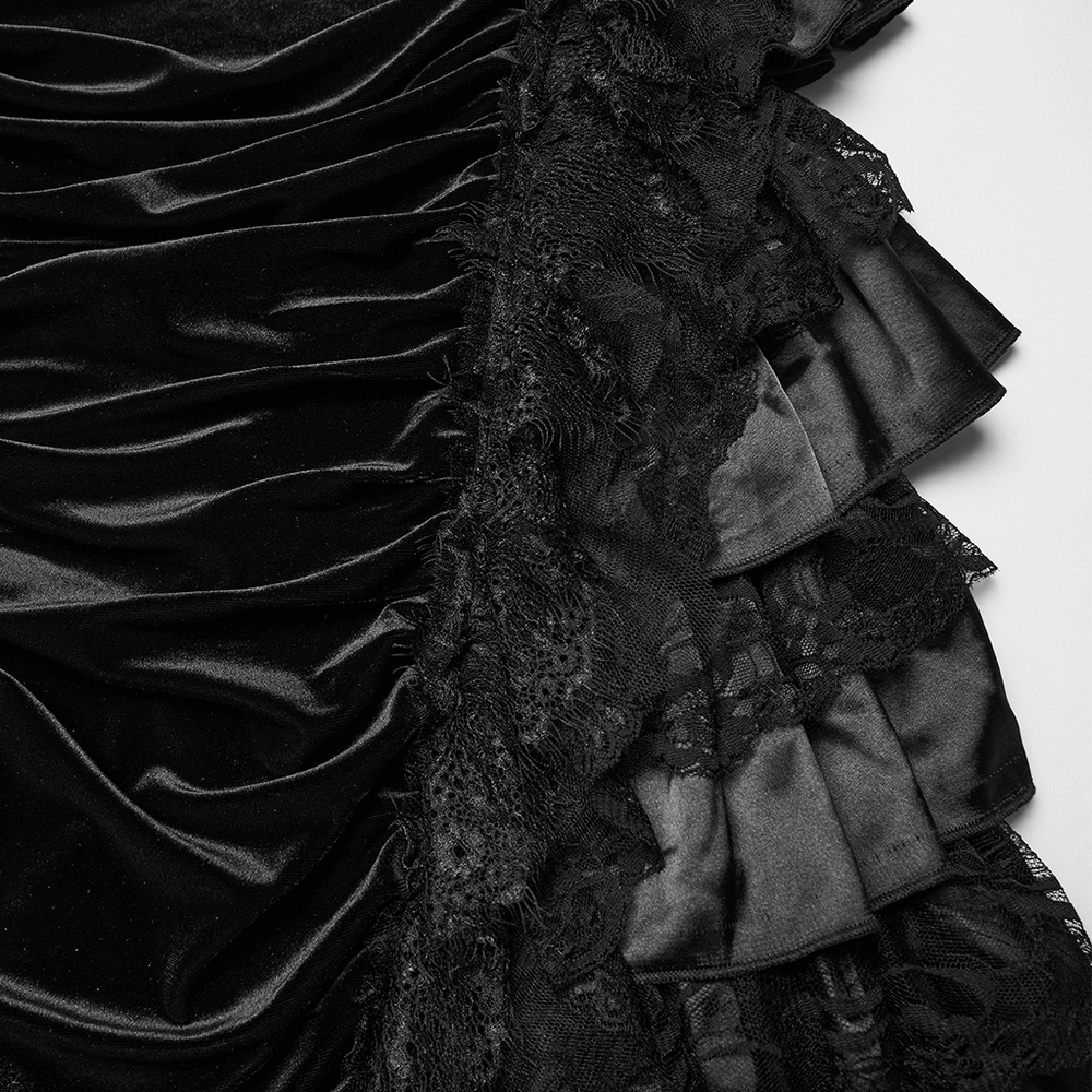 Gothic Black Velvet and Lace Tiered Ruffle Skirt showcasing luxurious velvet and intricate lace details.