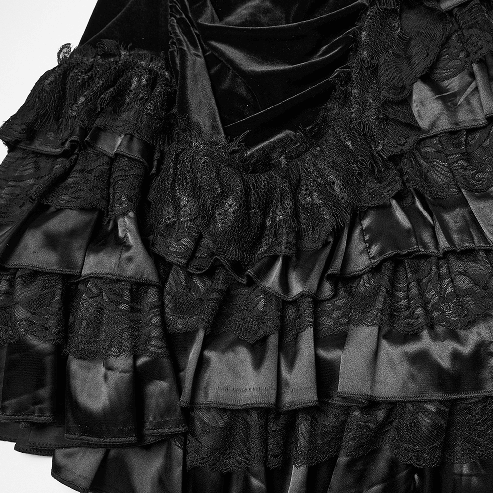 Gothic Black Velvet and Lace Tiered Ruffle Skirt showcasing intricate lace ruffles and layered detail in black fabric.