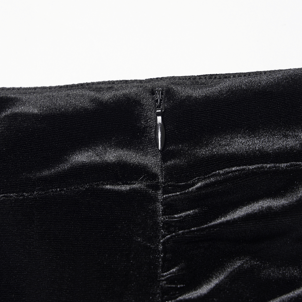 Close-up zipper detail of Gothic Black Velvet and Lace Tiered Ruffle Skirt showcasing fine craftsmanship.