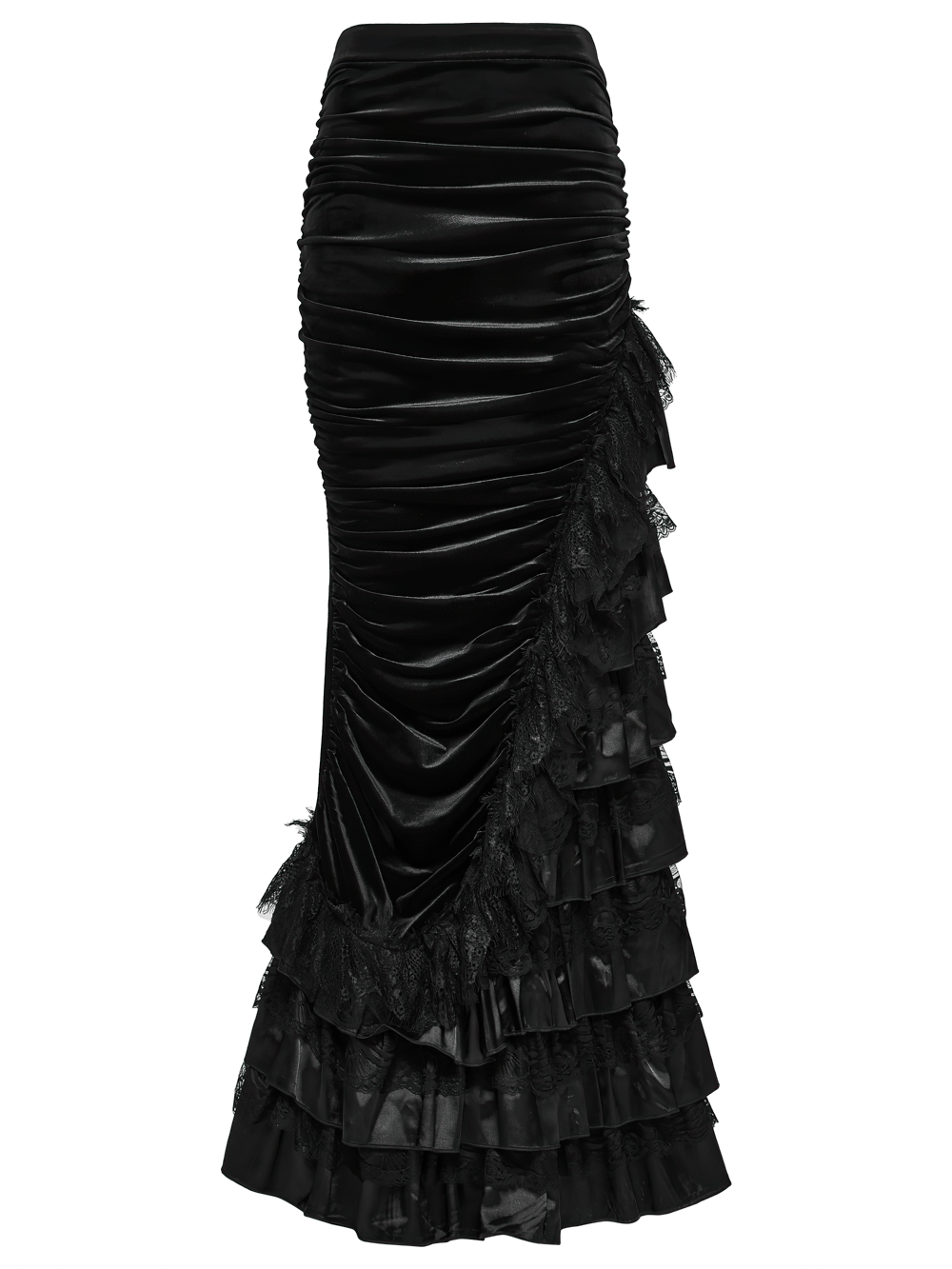 Gothic Black Velvet and Lace Tiered Ruffle Skirt with layered pleating and lace trim for dramatic elegance.