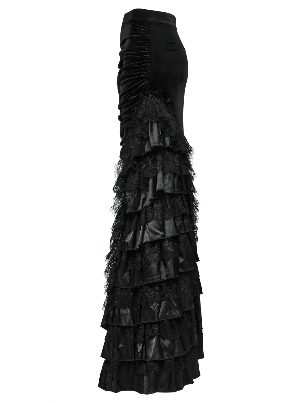Gothic Black Velvet and Lace Tiered Ruffle Skirt featuring dramatic lace layers and elegant tiered hemline.