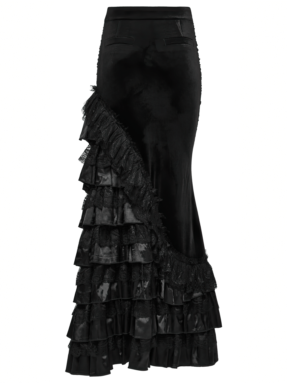 Gothic Black Velvet and Lace Tiered Ruffle Skirt featuring elegant lace ruffles and a dramatic tiered design.