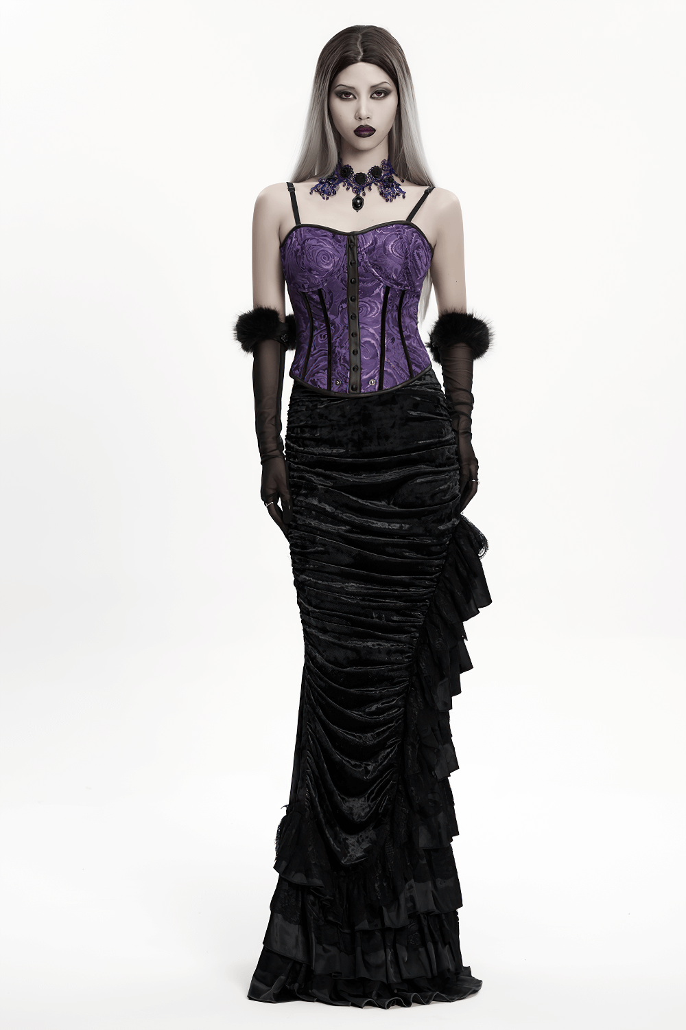 Gothic Black Velvet and Lace Tiered Ruffle Skirt paired with a purple corset and elegant accessories for a dramatic look.