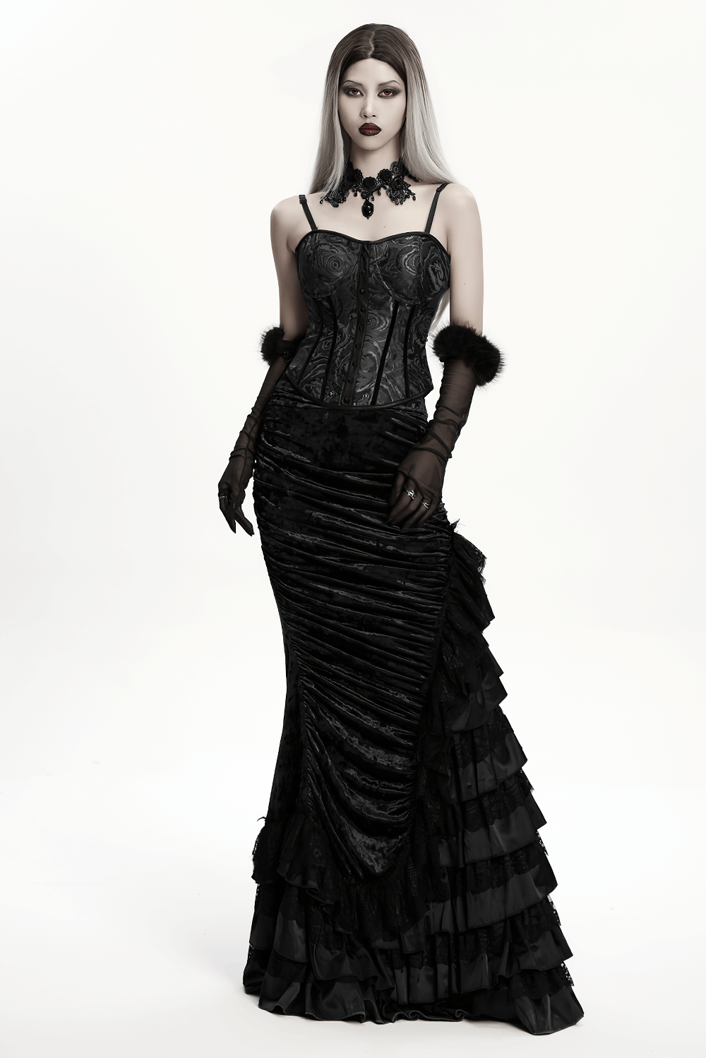 Gothic Black Velvet and Lace Tiered Ruffle Skirt worn by model, showcasing dramatic lace and velvet design.