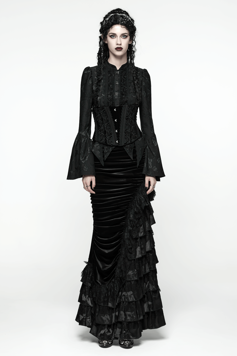 Gothic Black Velvet and Lace Tiered Ruffle Skirt elegantly styled with lace ruffles and dramatic black velvet details.