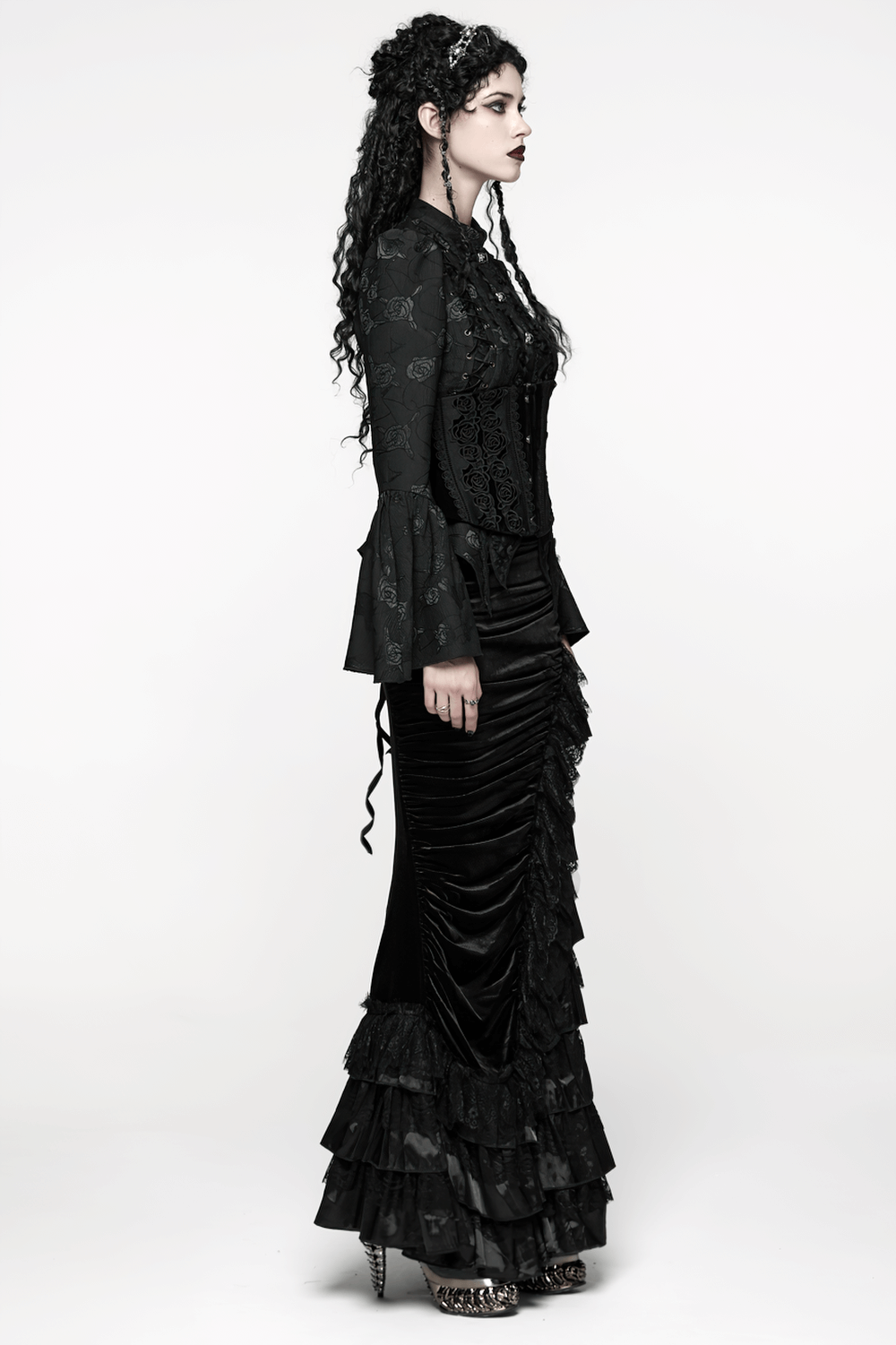 Gothic Black Velvet and Lace Tiered Ruffle Skirt with dramatic layers and lace ruffles, perfect for dark romantic styles.