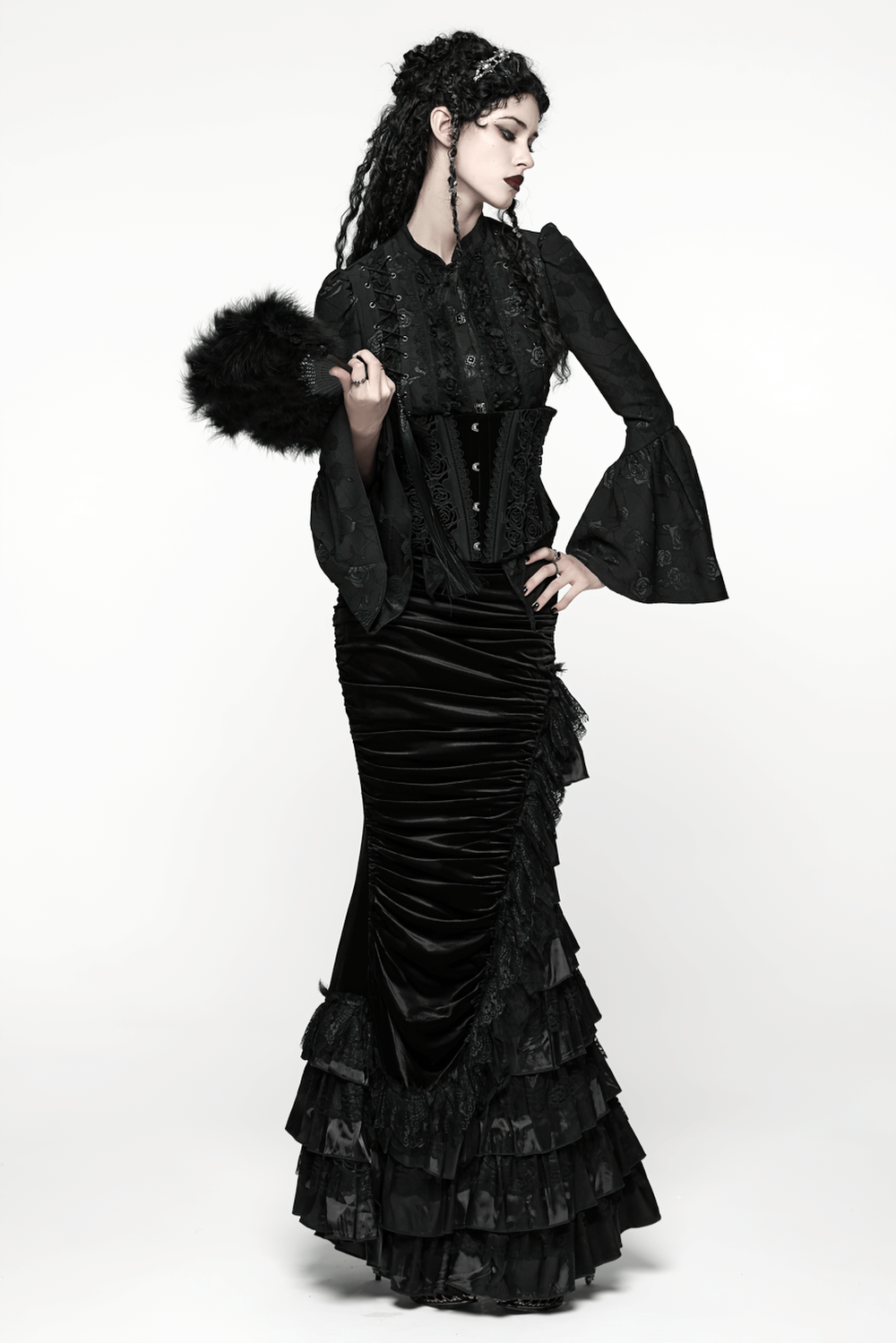 Gothic Black Velvet and Lace Tiered Ruffle Skirt worn with elegant black top and accessories, showcasing a dramatic victorian style.