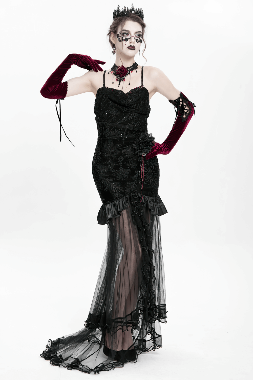 Gothic black velvet and sheer mesh high-low dress with intricate embroidery and beaded train, perfect for dark romance events.