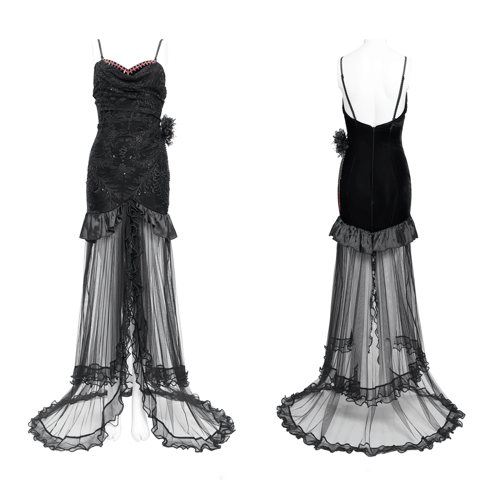 Gothic black velvet and sheer mesh high-low dress with beaded details and ruffled satin hem, perfect for evening events.