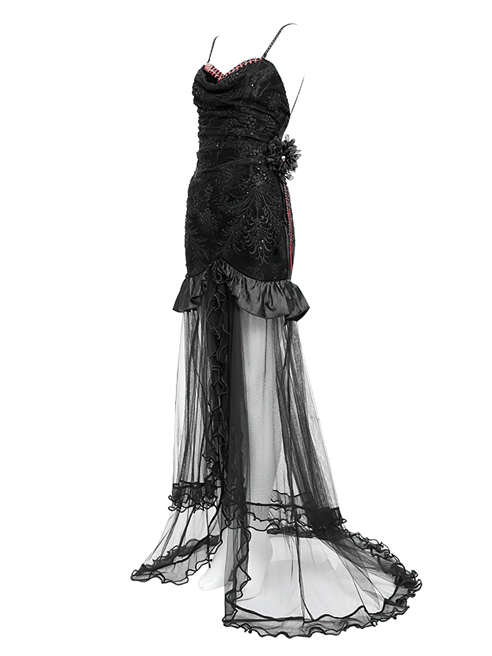 Gothic black velvet and sheer mesh high-low evening gown with intricate beadwork and ruffled hem.